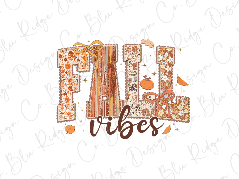the word "FALL VIBES" written in a decorative, autumnal font, surrounded by various fall-themed elements such as leaves, pumpkins, and bows.