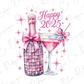 a bottle of wine and a glass with a pink bow