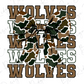 A camouflage bow with the word "WOLVES" written in a stylized font below it.