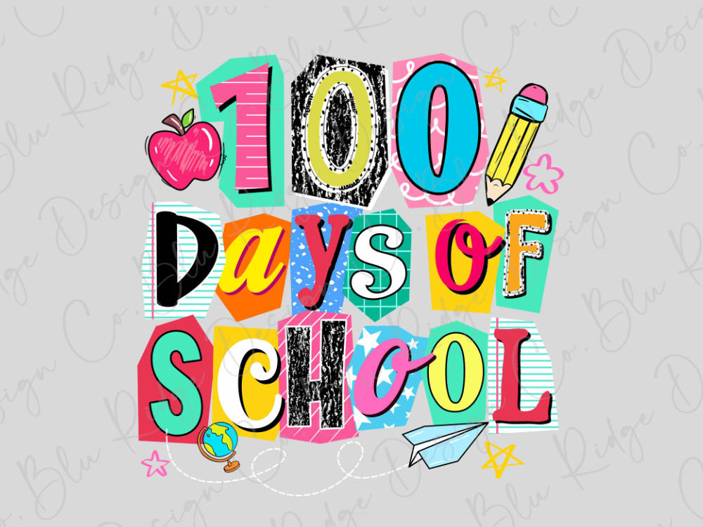 The image is a colorful and playful representation of the 100 days of school, featuring various school-related elements such as an apple, pencil, and star.