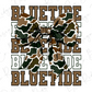 A camouflage bow with the word "BLUE TIDE" written in a stylized font, surrounded by the word "BLUE TIDE" repeated in a camouflage pattern.