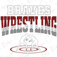 two wrestlers engaged in a match, with the text "Braves Wrestling" prominently displayed above them.