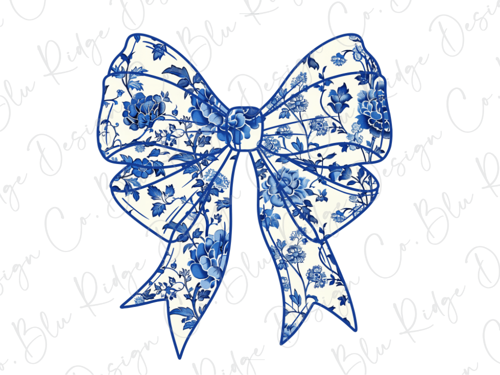A blue floral patterned bow with intricate designs and details.