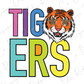 A colorful graphic design featuring the word "TIGERS" with a tiger's head and eyes, surrounded by various colored letters.