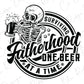 a black and white image of a skeleton holding a beer