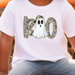 A child wearing a white t-shirt with a graphic of a ghost and camouflage pattern.