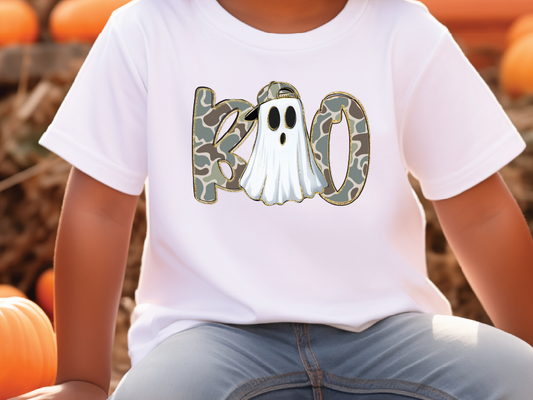 A child wearing a white t-shirt with a graphic of a ghost and camouflage pattern.