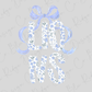 A floral pattern with the word "LOVE" written in a stylized font, with a blue ribbon bow above it.