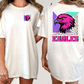 A woman wearing a white t-shirt with a graphic of a pink eagle and the word "EAGLES" printed on the back.