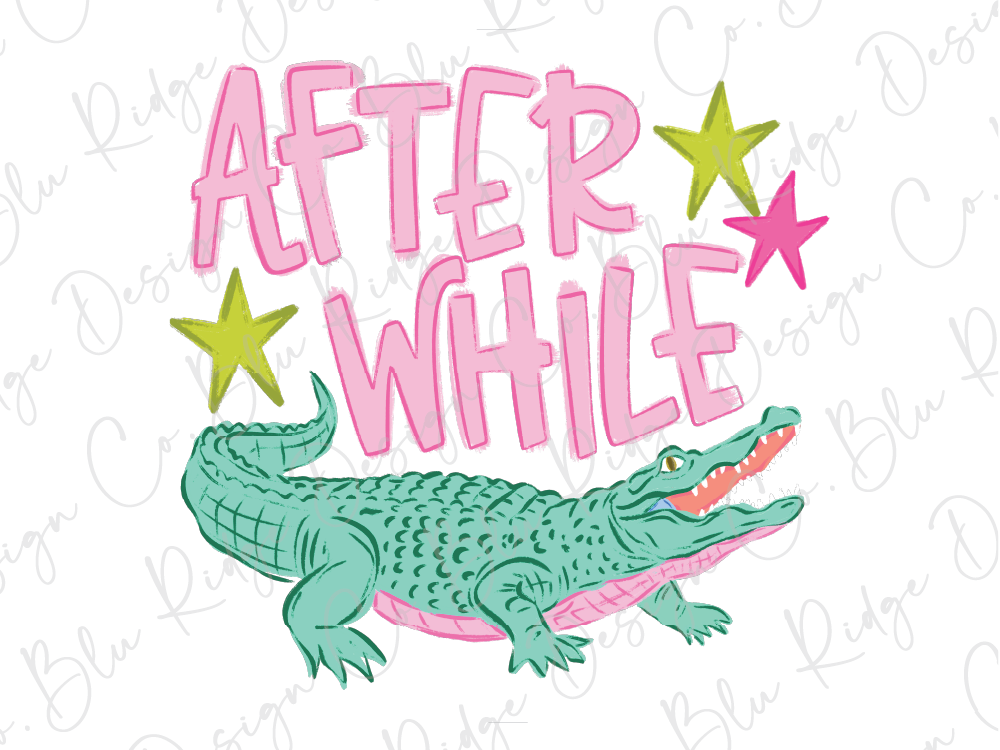 a green alligator with its mouth open, surrounded by pink and yellow stars.