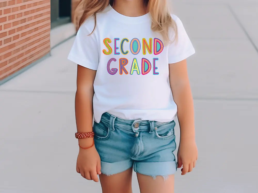 a little girl wearing a second grade shirt