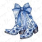 a pair of blue and white boots with a bow