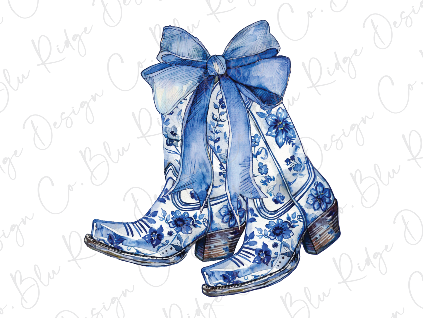 a pair of blue and white boots with a bow