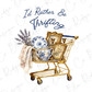 A shopping cart filled with various items, including a blue and white plate, a vase, and a towel, with the text "I'd Rather Be Thrifting" written above it.