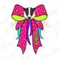 A colorful illustration of a badger's face wearing a large pink bow with a leopard print pattern.