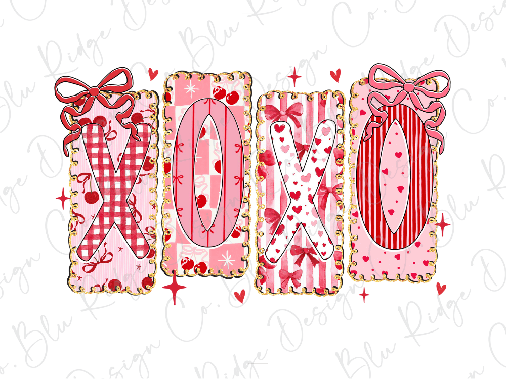 a decorative arrangement of pink and red ribbons, bows, and hearts, forming the word "XOXO" in a playful and artistic manner.