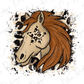A stylized illustration of a horse's head with a star-shaped design on its face, surrounded by splattered paint or ink.