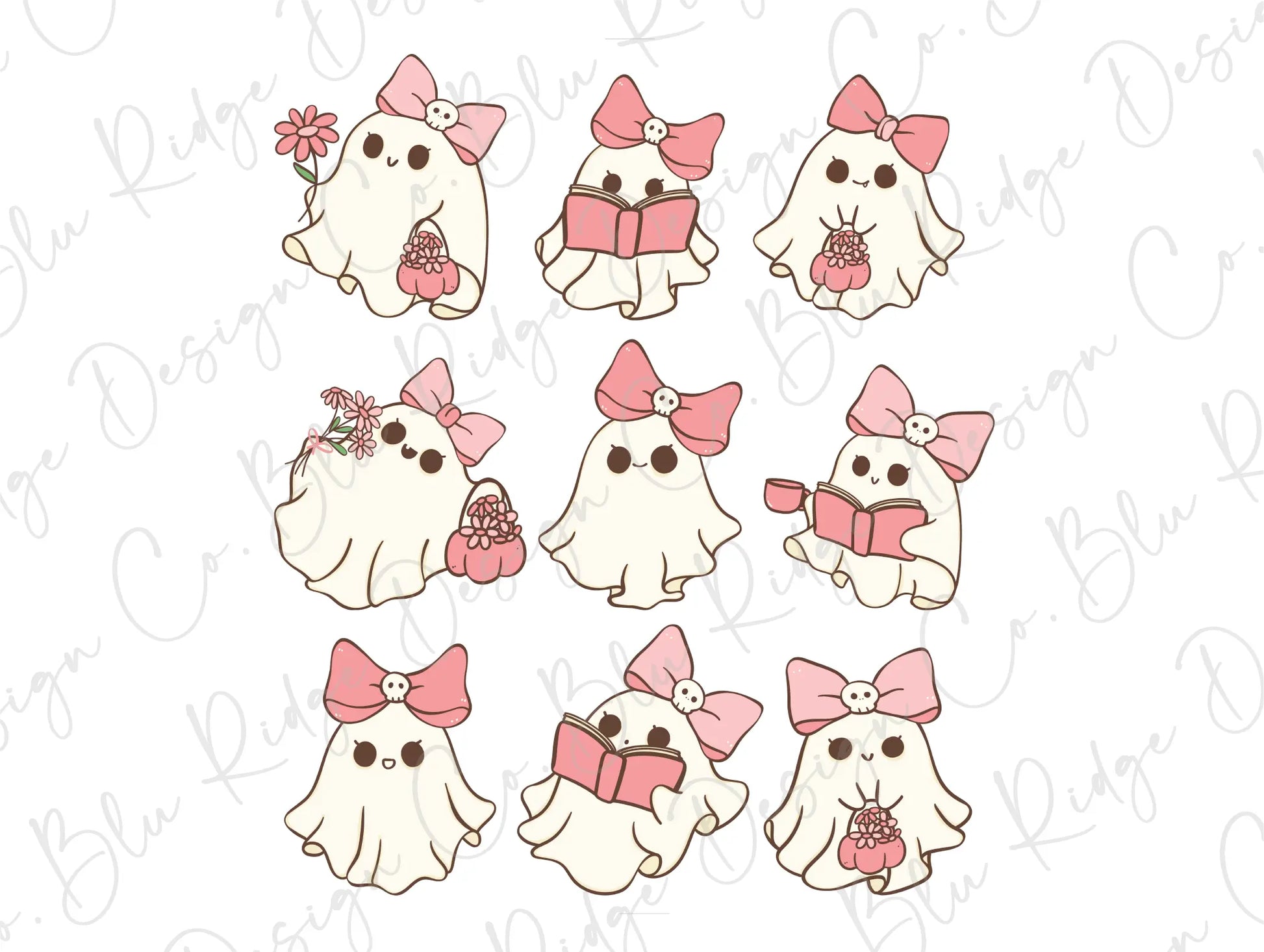 a set of six ghost stickers with bows