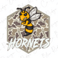 A cartoon bee with a fierce expression is depicted against a camouflage background, with the word "HORNETS" written below it.