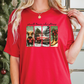 a woman wearing a red t - shirt with a picture of a christmas tree and