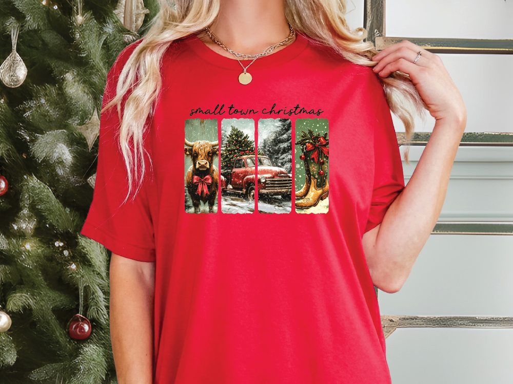 a woman wearing a red t - shirt with a picture of a christmas tree and