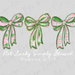 three bows with different patterns, including green and pink, and the text "Not Lucky, Simply Blessed" below them.