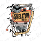 a skeleton holding a pumpkin and standing in front of a sign for "The Skeleton Motel".