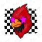 A stylized illustration of a red bird with large pink stars on its eyes, set against a background of black and white checkered patterns.