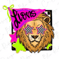 A cartoon illustration of a lion wearing sunglasses with checkered stars, accompanied by a pink flag with the word "Lions" written on it.