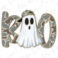 A ghost with a camouflage hat and the word "BOO" in camouflage letters.