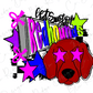 A colorful and stylized illustration featuring a red dog with star-shaped eyes, surrounded by various abstract shapes and text.