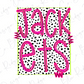 a bold and colorful design with the word "JACKETS" prominently displayed in pink and black text against a background of black and white polka dots.