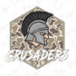 a helmet with a plume and the word "CRUSADERS" written below it.