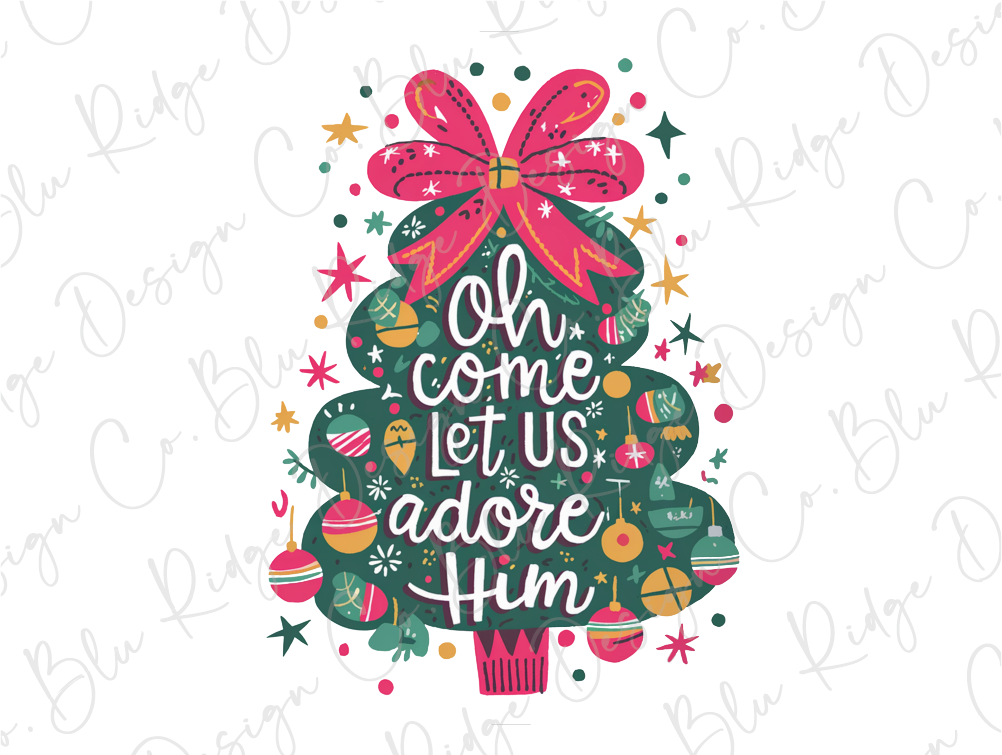 a christmas tree with the words oh come let us adore him