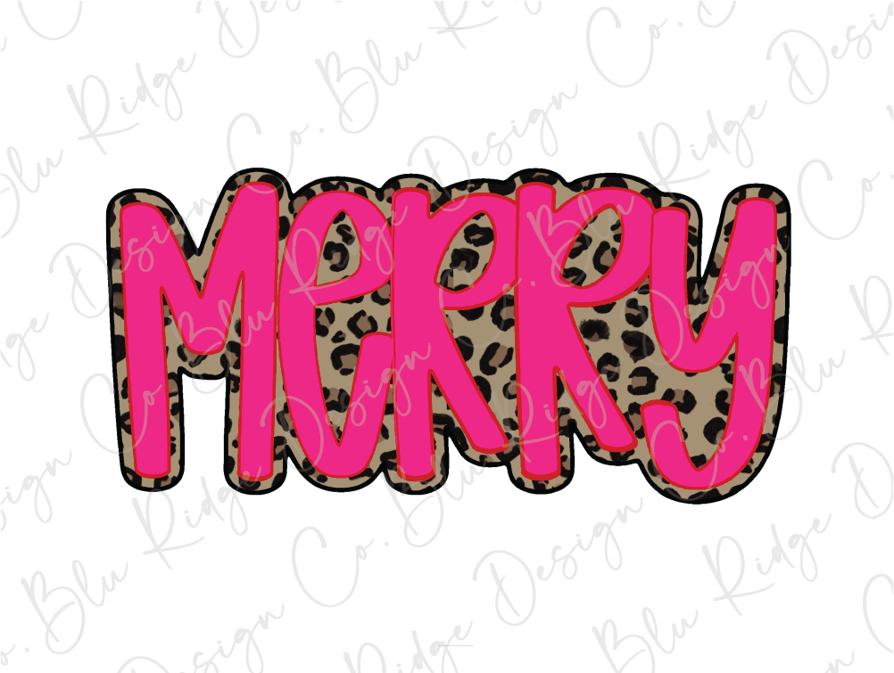 the word merry in leopard print on a white background