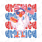 A cartoon duck wearing sunglasses and holding an American flag, surrounded by the text "America" in various colors.