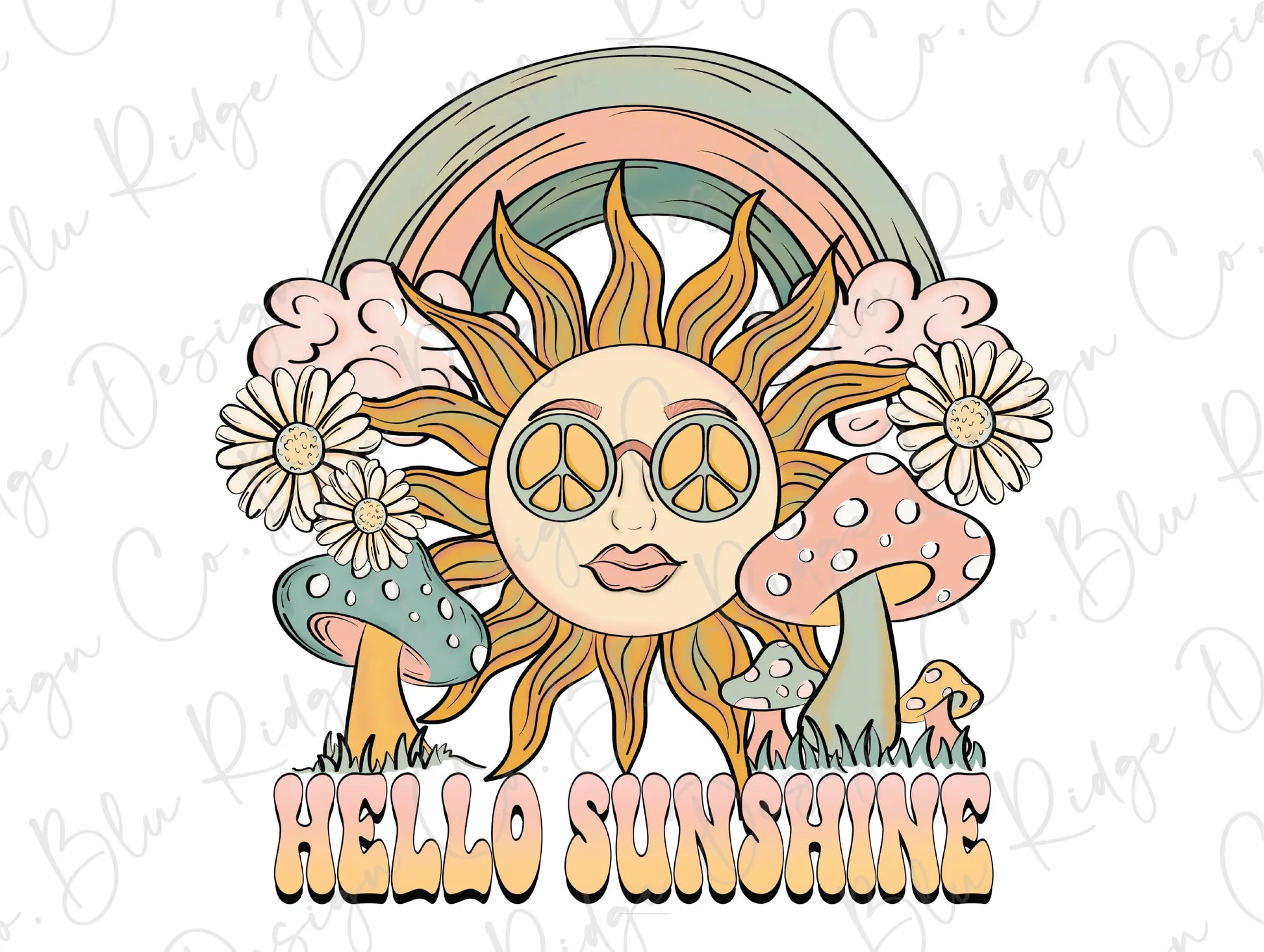 a sun with flowers and a mushroom with the words hello sunshine