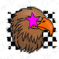 A stylized illustration of a brown eagle head with a pink star on its eye, set against a background of black and white checkered squares.