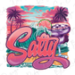 A colorful illustration featuring a large pink text "Salty" in the center, surrounded by tropical elements such as palm trees, a wave, and a cocktail glass.