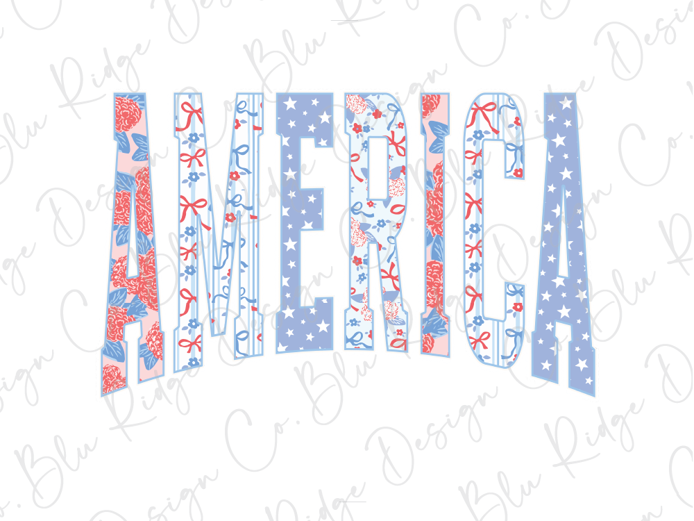 the word "AMERICA" in a stylized, decorative font with floral and star patterns.