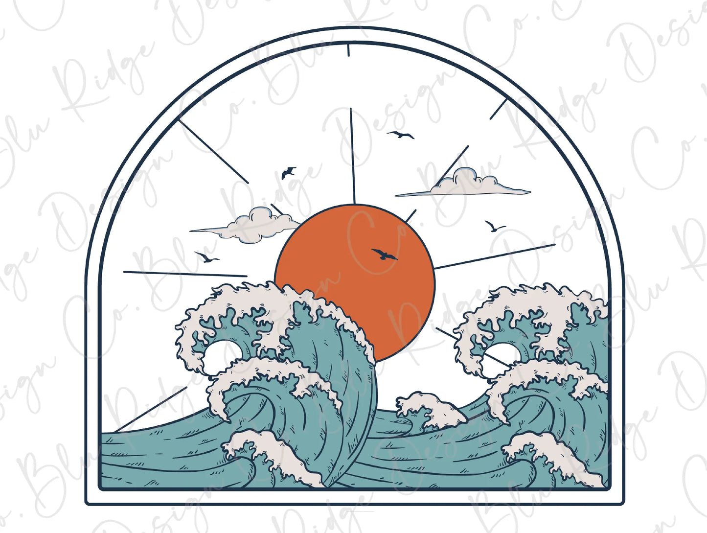 a drawing of a sun over a wave