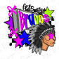a colorful and stylized depiction of a Native American headdress, surrounded by various bold and vibrant elements such as stars, lines, and text.