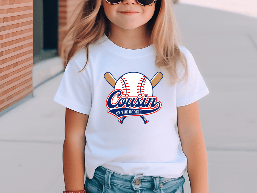 A young girl wearing a white t-shirt with a baseball graphic and the text "Cousin of the Rookie" printed on it.