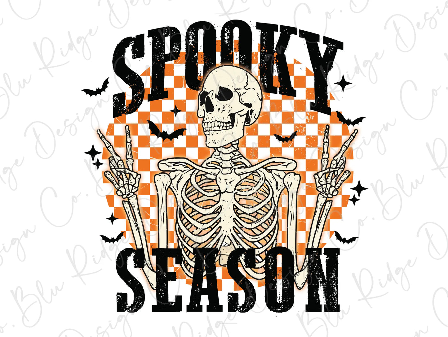 a skeleton holding two bats with the words spooky season on it