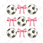 a set of four soccer balls with pink bows