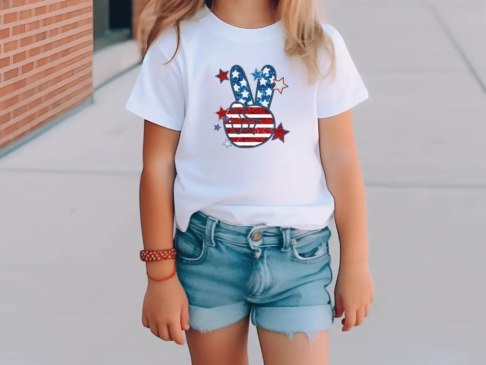 a little girl wearing a white shirt with a peace sign on it