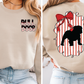 The image is a collage of two photos. The left photo shows a woman wearing a beige sweatshirt with the text "Bull Dogs" printed on the front. The right photo shows the back of the same sweatshirt, featuring a graphic of a bulldog and a red ribbon.