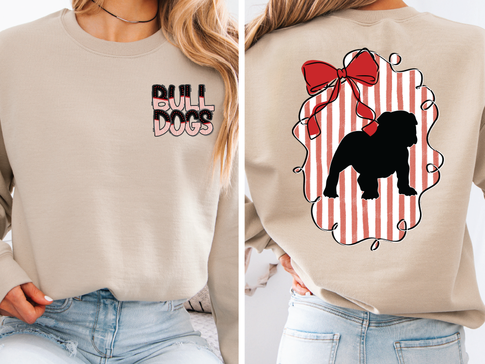 The image is a collage of two photos. The left photo shows a woman wearing a beige sweatshirt with the text "Bull Dogs" printed on the front. The right photo shows the back of the same sweatshirt, featuring a graphic of a bulldog and a red ribbon.