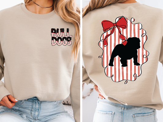 The image is a collage of two photos. The left photo shows a woman wearing a beige sweatshirt with the text "Bull Dogs" printed on the front. The right photo shows the back of the same sweatshirt, featuring a graphic of a bulldog and a red ribbon.