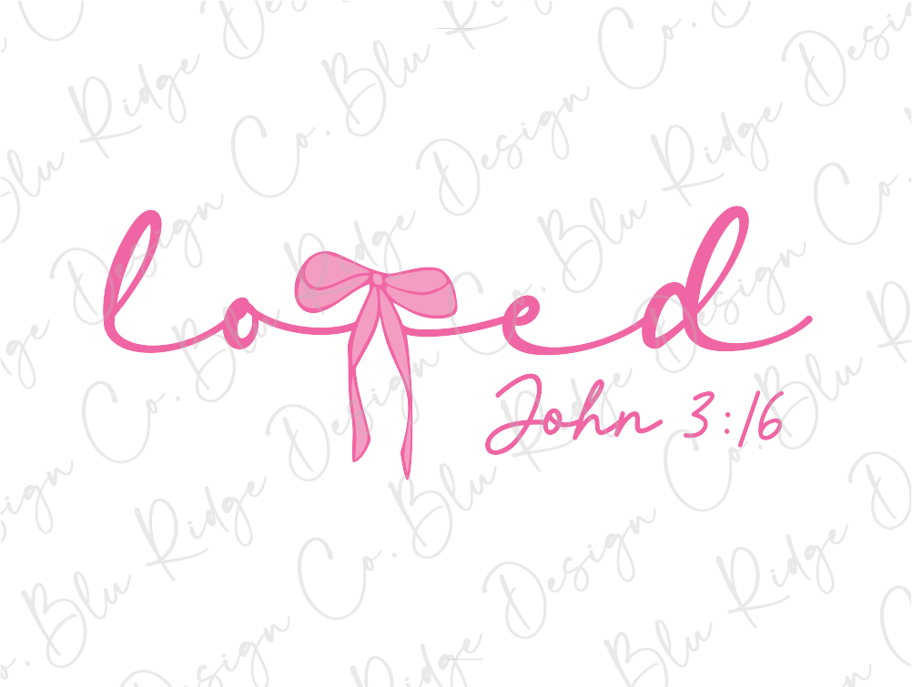 a white background with a pink ribbon and the words loved john 3 16